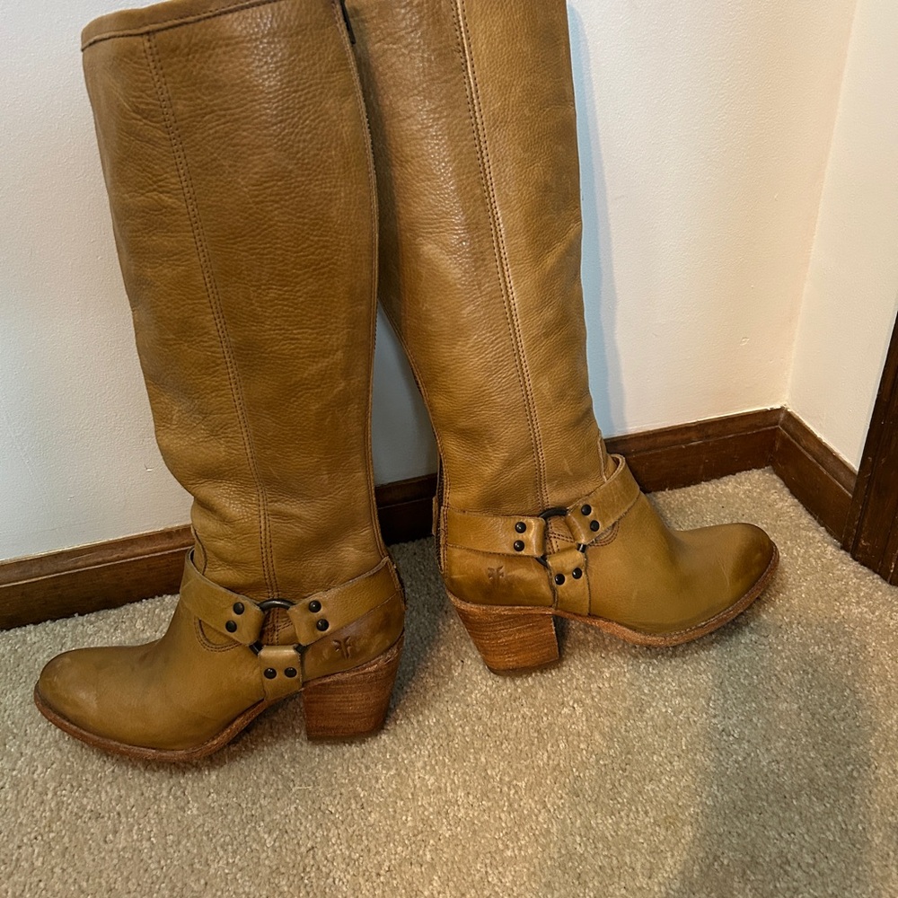 Frye Tan Heeled Boots with Harness Straps